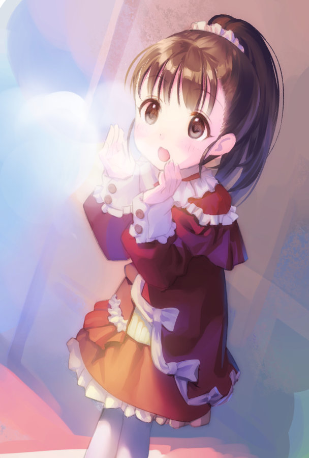 1girl black_eyes black_hair blush breath breathing_on_hands capelet child cold commentary dress frilled_capelet frilled_dress frilled_skirt frilled_sleeves frills fukuyama_mai hair_ornament hair_scrunchie idolmaster idolmaster_cinderella_girls kawaseki layered_capelet lens_flare looking_at_viewer open_mouth overskirt pantyhose ponytail red_dress scrunchie skirt sleeve_cuffs solo tied_dress white_pantyhose