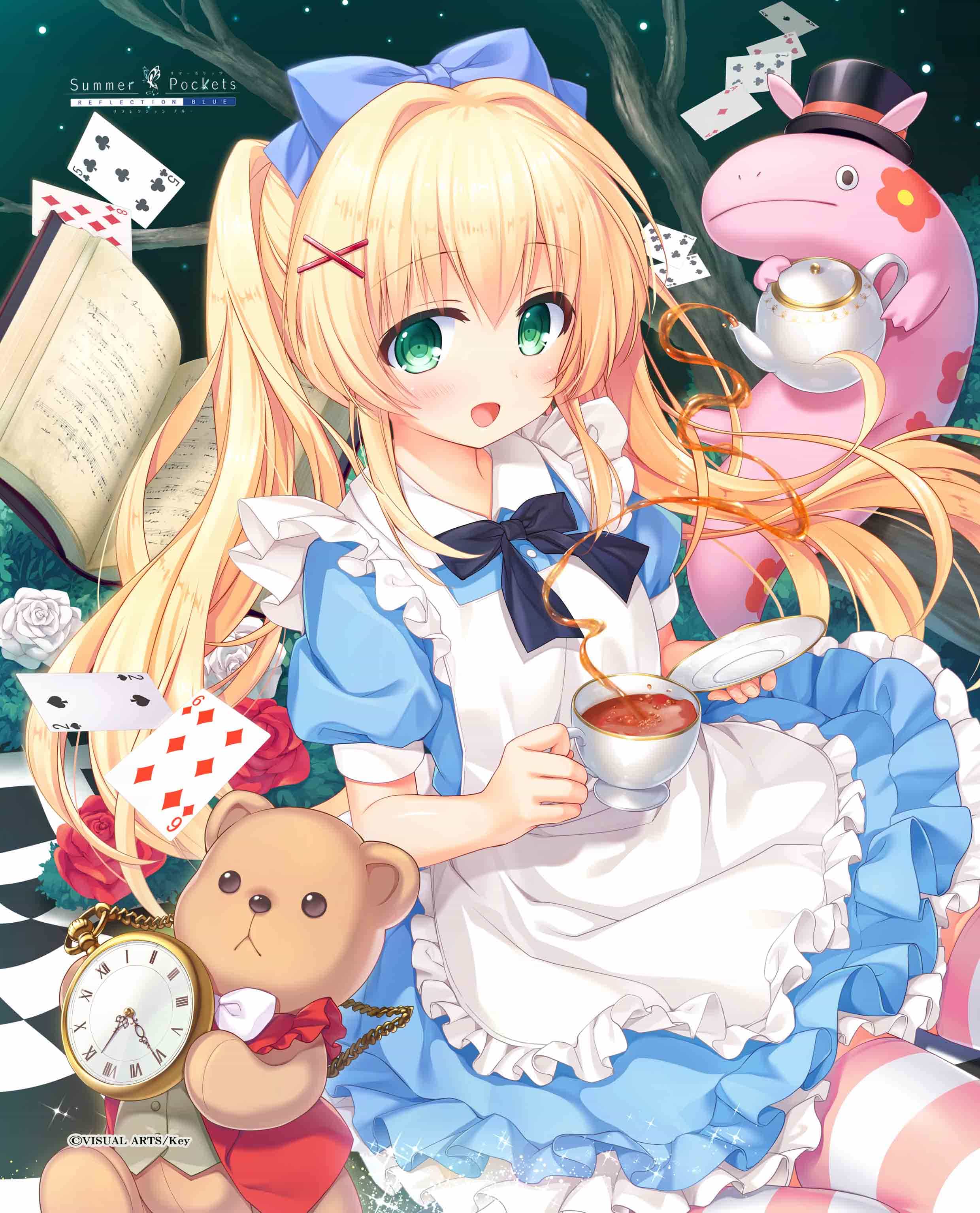 1girl :d absurdres alice_(alice_in_wonderland) alice_(alice_in_wonderland)_(cosplay) alice_in_wonderland apron black_bow black_bowtie blonde_hair blue_bow blue_dress blush book bow bowtie card checkered_floor company_name copyright_name cosplay cup dress floating_hair flower frilled_apron frills green_eyes hair_between_eyes hair_bow hair_ornament happy hat highres holding holding_cup holding_plate long_hair looking_at_viewer maid_apron nagayama_yuunon official_art open_book open_mouth plate playing_card pocket_watch puffy_short_sleeves puffy_sleeves ringed_eyes rose sheet_music short_sleeves sidelocks sitting smile solo sparkle striped_clothes striped_thighhighs stuffed_animal stuffed_toy summer_pockets tea teacup teddy_bear thigh-highs top_hat tsumugi_wenders twintails watch white_apron white_flower white_rose x_hair_ornament