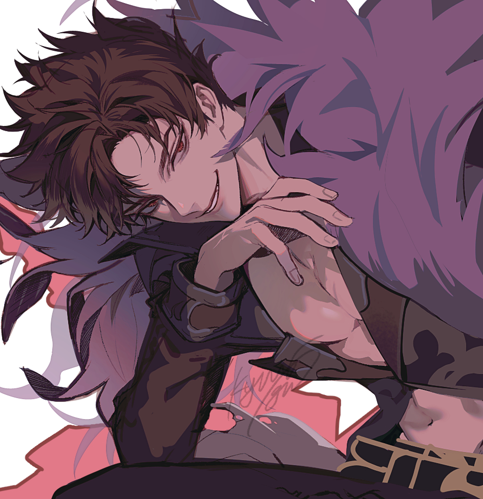 &gt;:) 1boy abs belial_(granblue_fantasy) belt bishounen black_jacket brown_hair evil_smile feather_boa granblue_fantasy grin hand_on_own_face jacket korean_commentary leaning_forward male_focus messy_hair open_clothes open_jacket parted_bangs pectorals popped_collar red_eyes short_hair signature sitting smile solo_focus spiky_hair v-shaped_eyebrows wago white_background