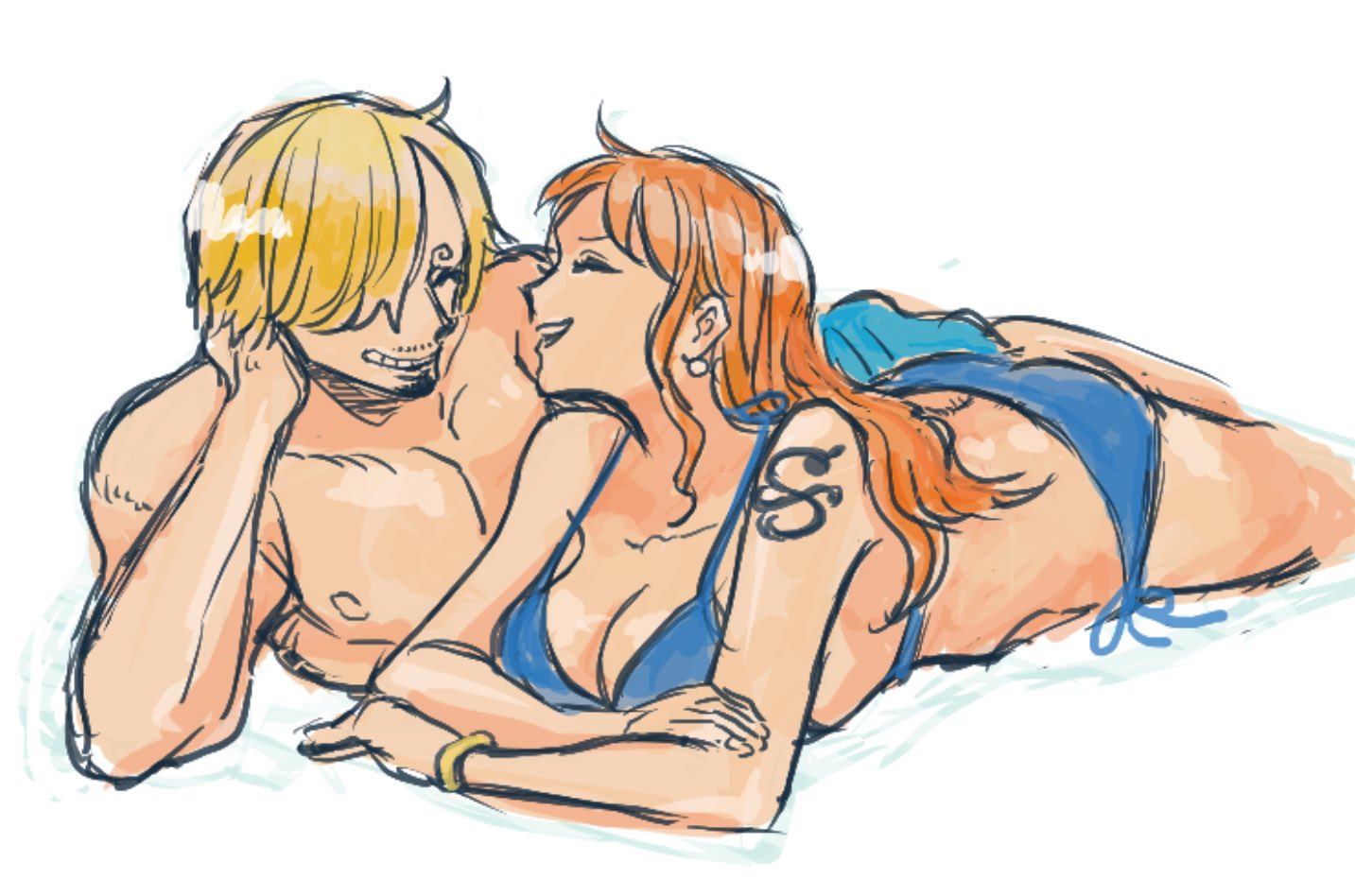 1boy 1girl ^_^ arm_tattoo bikini blonde_hair blue_bikini bracelet closed_eyes commentary_request curly_eyebrows hand_on_own_head hatch_(8cco) jewelry long_hair lying nami_(one_piece) on_stomach one_piece orange_hair profile sanji_(one_piece) short_hair smile swimsuit tattoo topless_male white_background