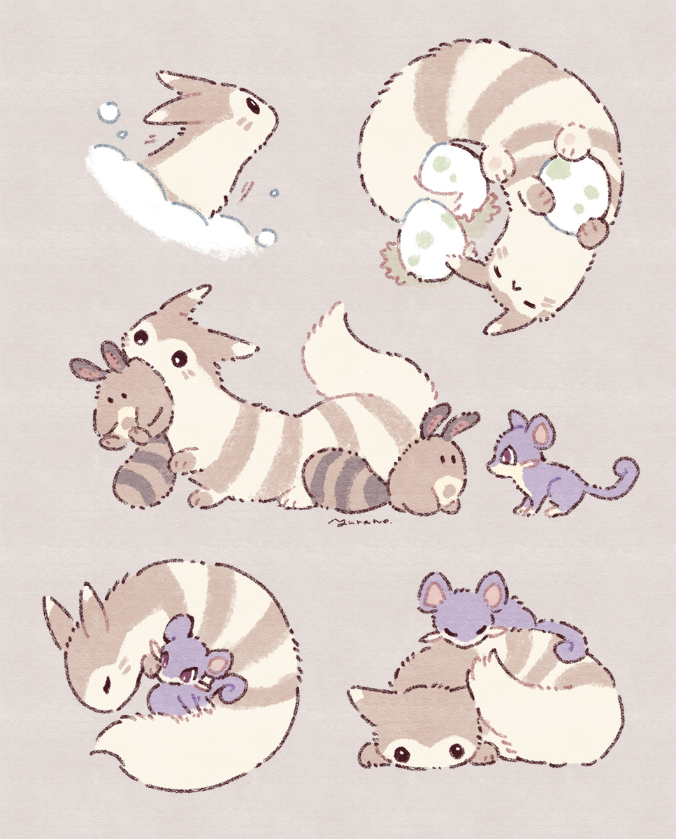 =_= animal animal_focus animal_in_mouth animal_on_back bright_pupils brown_background brown_eyes brown_fur brown_theme closed_eyes egg from_above from_side full_body furret highres holding holding_egg lying multiple_views no_humans on_back pokemon pokemon_(creature) pokemon_egg purple_fur rattata red_eyes sentret signature simple_background sleeping solid_oval_eyes striped_fur yurano_(upao)