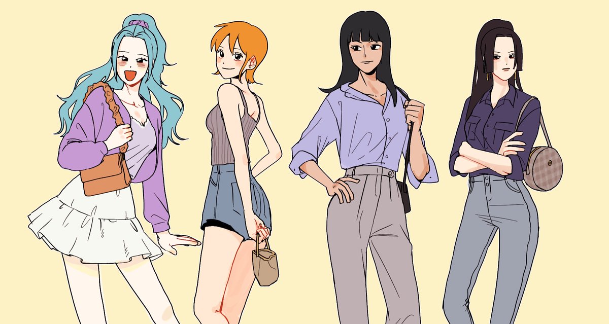 4girls bad_id bad_twitter_id black_hair blue_hair blue_shirt blunt_bangs boa_hancock cardigan chacha_(op_chacha_) cowboy_shot cream_background cropped_cardigan crossed_arms denim earrings hand_on_own_hip high_ponytail hime_cut jeans jewelry looking_at_viewer looking_to_the_side medium_hair miniskirt multiple_girls nami_(one_piece) nefertari_vivi nico_robin one_piece orange_hair pants ponytail purple_cardigan purple_shirt shirt short_hair short_shorts shorts sidelocks skirt smile striped_clothes striped_shirt vertical-striped_clothes vertical-striped_shirt white_skirt