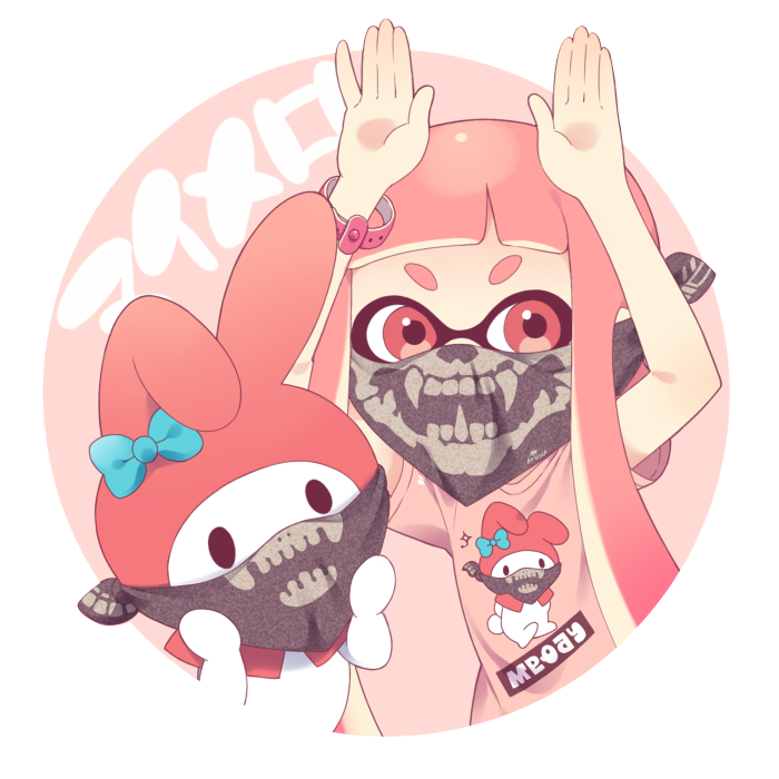 1girl arms_up bandana cropped_torso crossover inkling inkling_girl kusumoto_shizuru long_hair looking_at_viewer my_melody onegai_my_melody pink_background pink_hair pink_shirt red_eyes sanrio shirt short_eyebrows short_sleeves splatoon_(series) splatoon_2 tentacle_hair thick_eyebrows translation_request two-tone_background upper_body v-shaped_eyebrows very_long_hair white_background