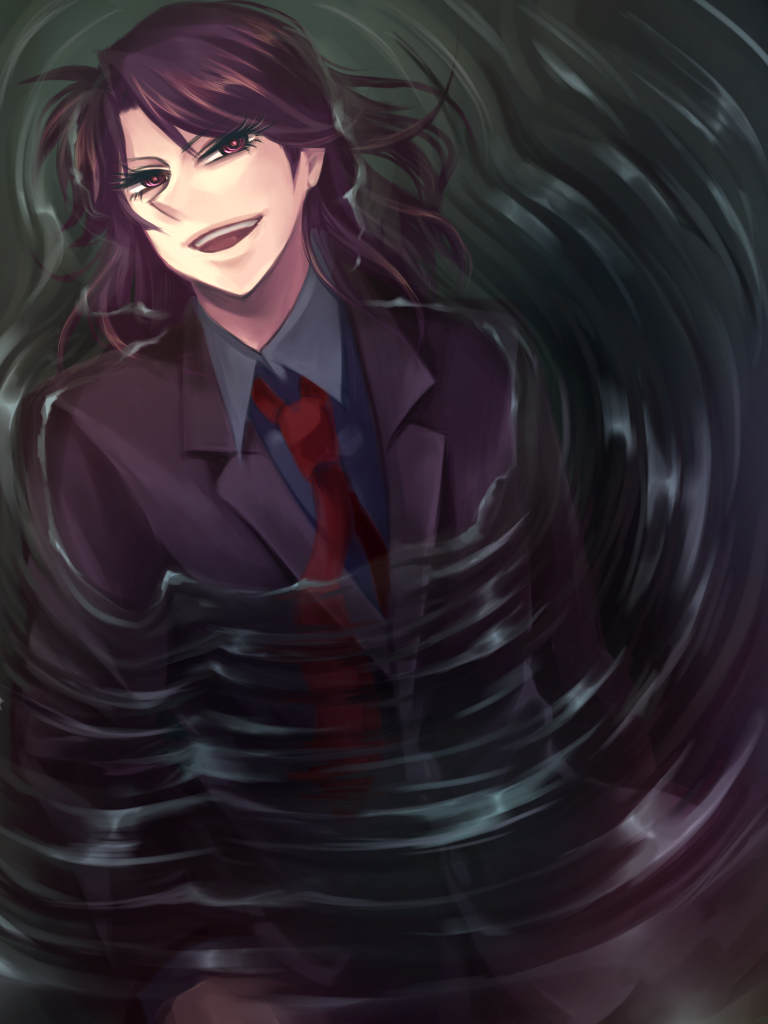 1boy black_jacket blazer brown_eyes brown_hair collared_shirt commentary_request eyelashes grey_shirt ichijou_seiya jacket kaiji long_hair long_sleeves looking_at_viewer male_focus necktie open_mouth parted_bangs partially_submerged red_necktie ripples shirt smile solo suit teeth upper_body upper_teeth_only water yattume
