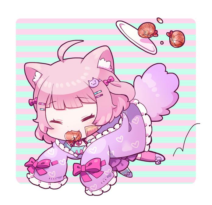 1girl ahoge animal_ear_fluff animal_ears anzu_berrycake bandage_on_face bandages border bow cat_ears cat_hair_ornament closed_eyes commission eyelashes food_in_mouth frilled_jacket frills hair_bow hair_ornament hairclip indie_virtual_youtuber jacket kotorai pink_bow pink_hair pink_tail pink_thighhighs plate purple_jacket running short_hair shrimp skeb_commission sleeves_past_fingers sleeves_past_wrists solo thigh-highs white_border