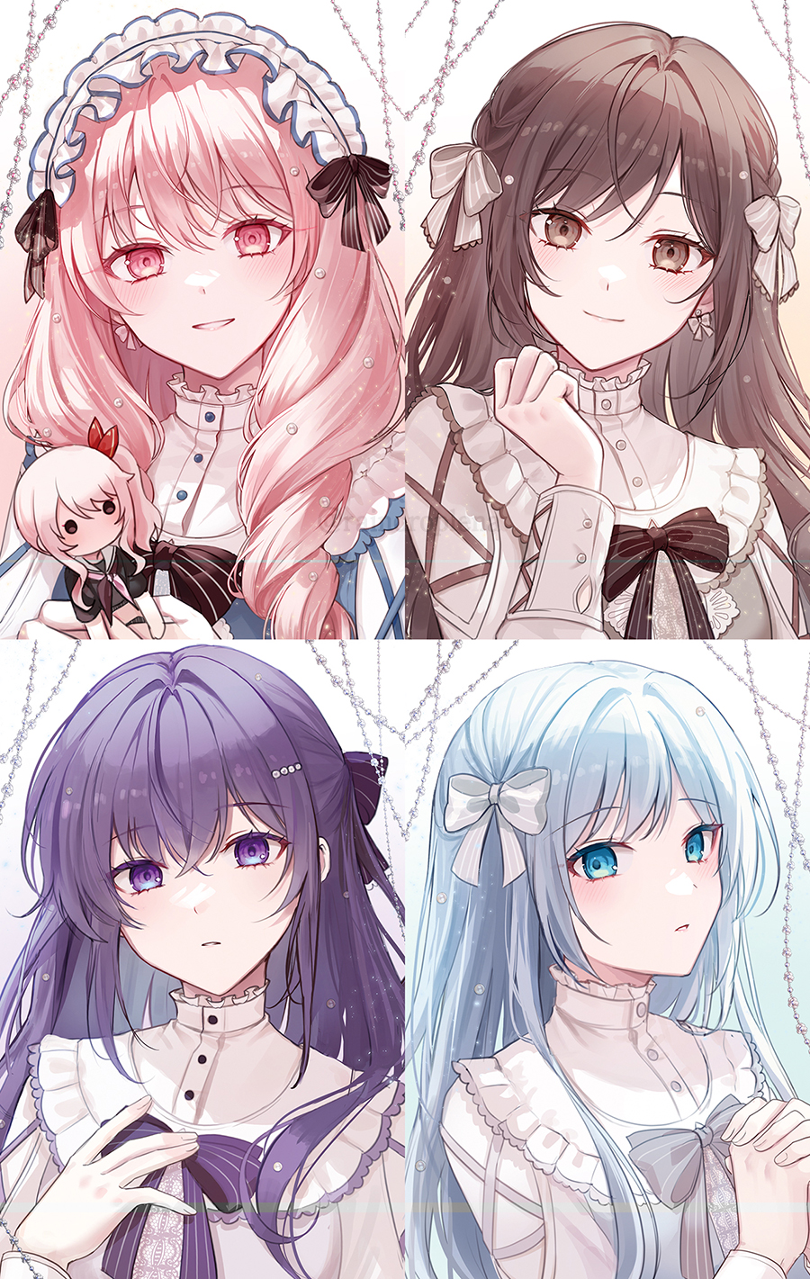 1other 3girls 723/nanahumi akiyama_mizuki asahina_mafuyu black_bow blue_dress blue_eyes bow brown_eyes brown_hair character_request closed_mouth crossed_bangs doll dress grey_bow hair_between_eyes hair_bow hand_on_own_chest highres holding holding_doll long_hair looking_at_viewer maid_headdress multiple_girls own_hands_together parted_bangs pink_eyes pink_hair project_sekai purple_bow purple_hair shinonome_ena smile upper_body violet_eyes white_dress white_hair yoisaki_kanade
