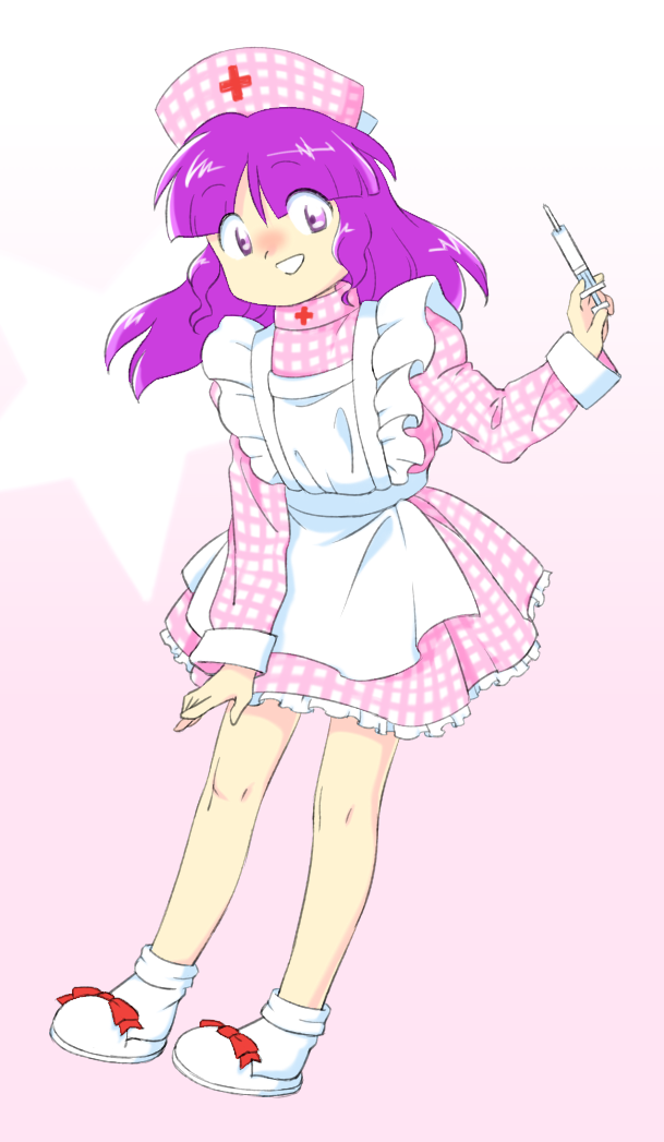 1girl :d apron bobby_socks bow cross dress footwear_bow frilled_dress frills full_body hakurei_reimu hakurei_reimu_(pc-98) hat holding holding_syringe juliet_sleeves long_hair long_sleeves nonamejd nurse_cap official_style plaid plaid_dress plaid_headwear puffy_sleeves purple_hair red_bow red_cross sleeve_cuffs slippers smile socks solo syringe touhou touhou_(pc-98) violet_eyes white_apron white_footwear white_socks zun_(style)