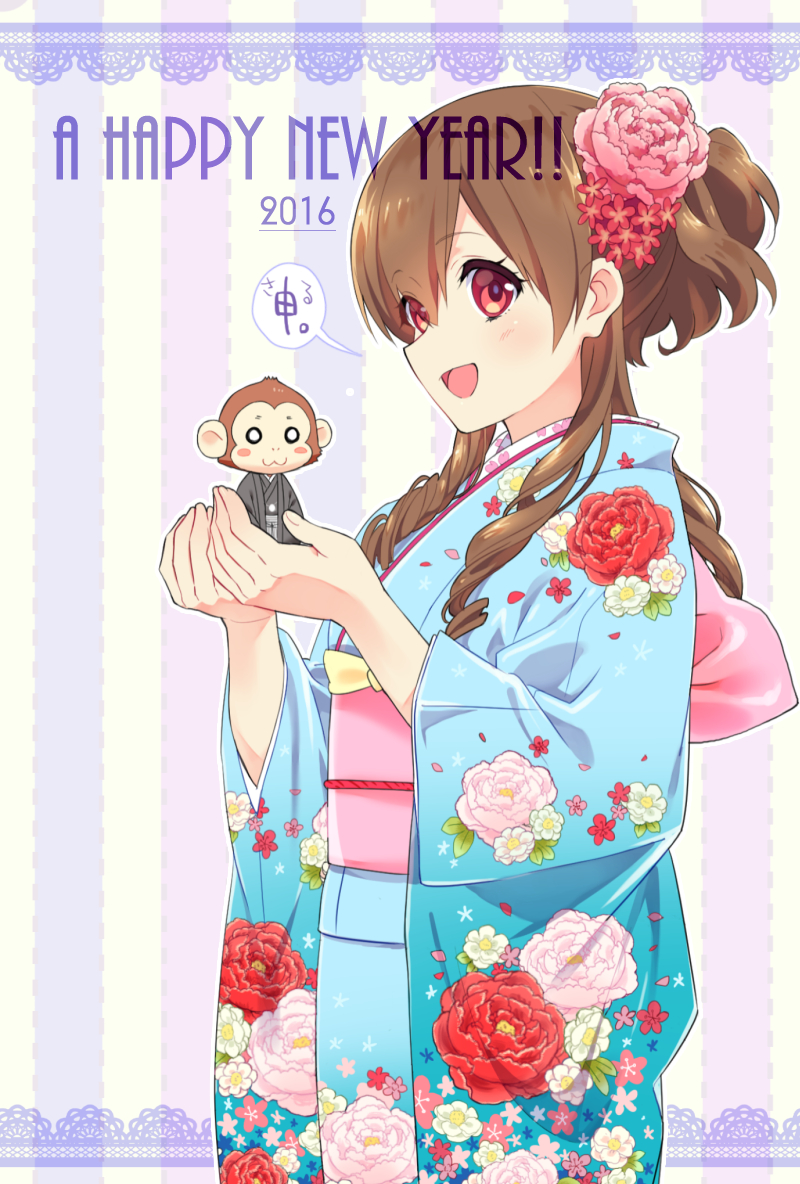 1girl 2016 :d animal blue_kimono brown_hair chinese_zodiac clothed_animal commentary_request floral_print flower hair_between_eyes hair_flower hair_ornament hands_up happy_new_year japanese_clothes kimono kusumoto_shizuru long_hair long_sleeves monkey obi original pink_flower print_kimono red_eyes red_flower sash smile solo striped_background translation_request wide_sleeves year_of_the_monkey