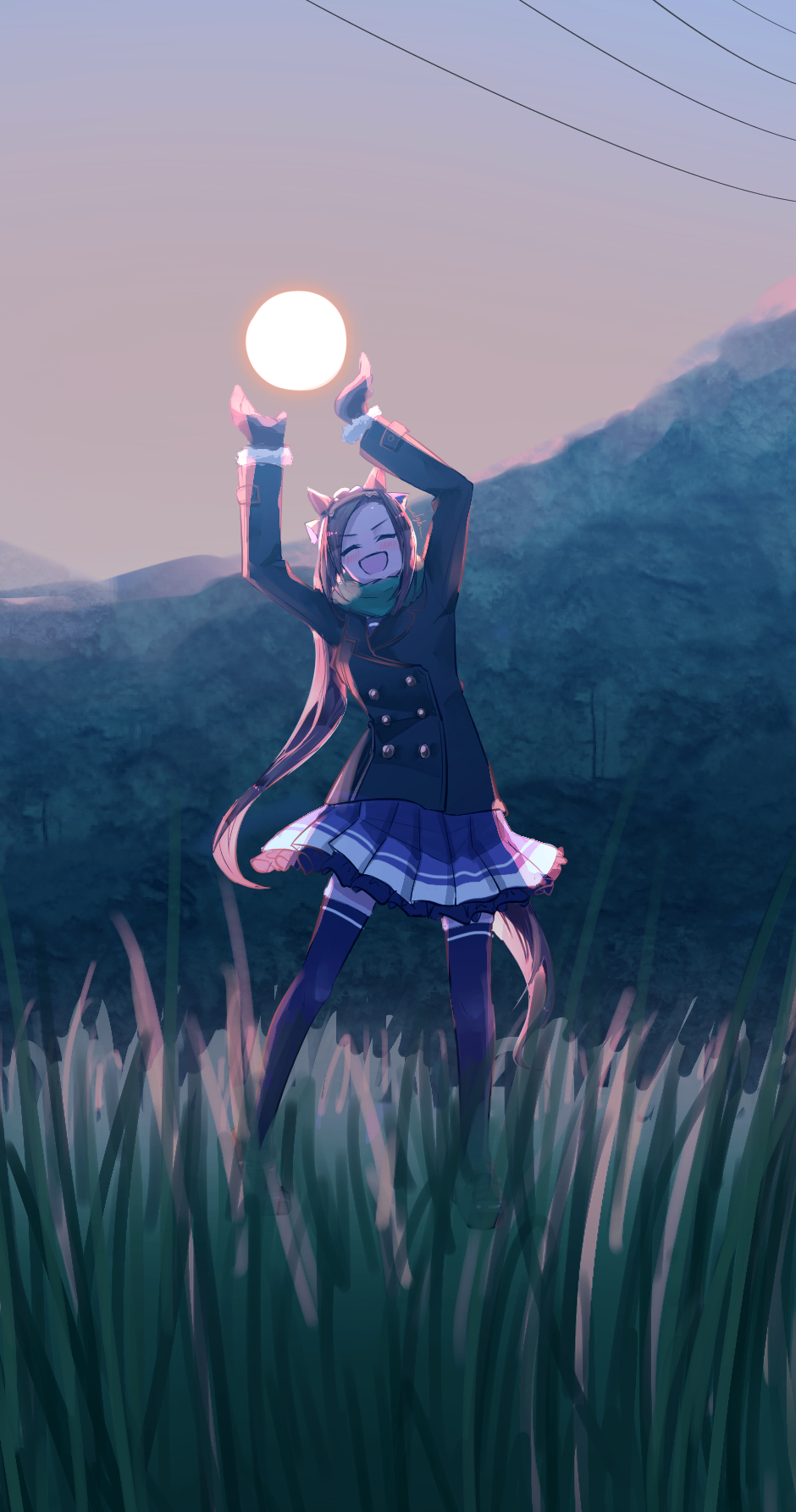 1girl ^_^ animal_ears arms_up black_jacket blush breath brown_hair buttons closed_eyes double-breasted facing_viewer field forced_perspective gloves grass highres horse_ears horse_girl horse_tail jacket long_hair long_sleeves mamare mountainous_horizon open_mouth outdoors ponytail purple_skirt purple_thighhighs sakura_bakushin_o_(umamusume) scarf skirt smile solo standing sun sunset tail thigh-highs umamusume v-shaped_eyebrows