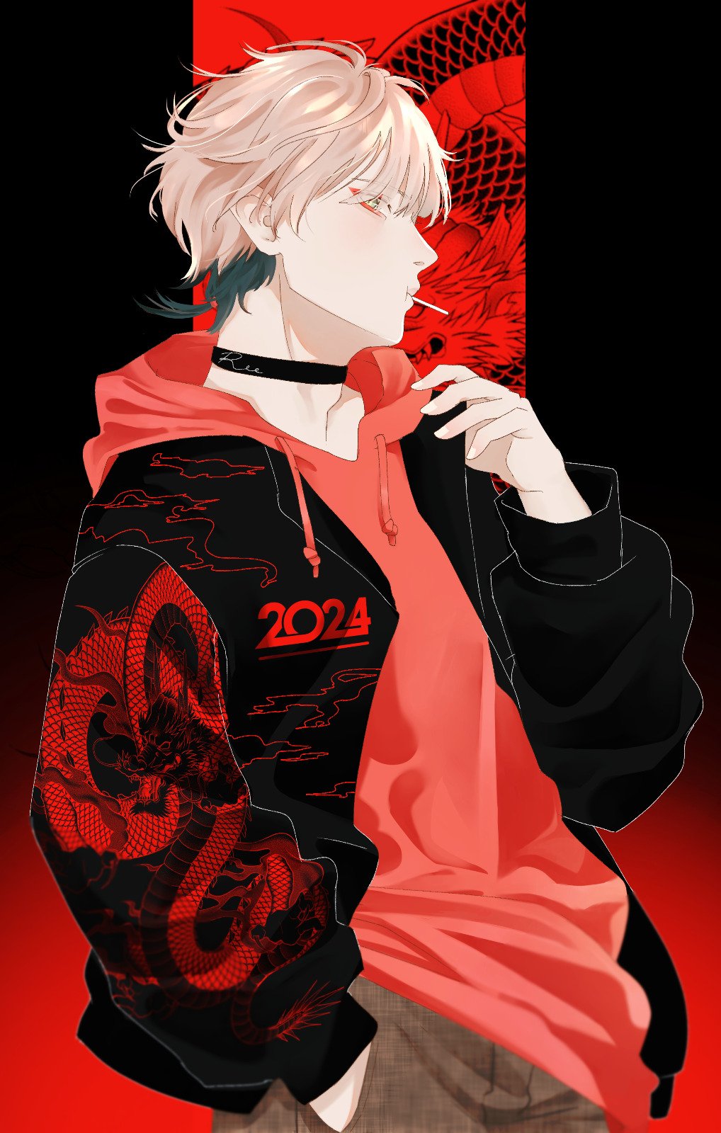 1boy 2024 black_background black_choker candy chinese_new_year chinese_zodiac choker dragon dragon_print eastern_dragon food hand_in_pocket highres holostars hood hoodie jacket lollipop looking_at_viewer male_focus nemuree open_clothes open_jacket pink_hair pink_hoodie profile red_background rikka_(holostars) short_hair simple_background solo upper_body virtual_youtuber year_of_the_dragon