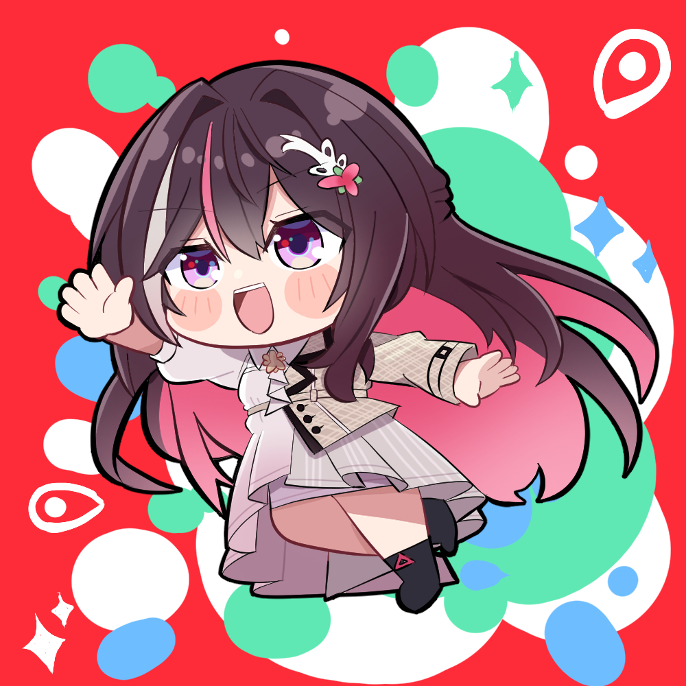 1girl :d ascot azki_(4th_costume)_(hololive) azki_(hololive) black_footwear blush_stickers boots brown_hair brown_jacket collared_dress colored_inner_hair commentary_request double-parted_bangs dress flower gradient_dress grey_dress hair_between_eyes hair_flower hair_intakes hair_ornament hairclip half_updo hand_up high-low_skirt hololive jacket long_hair multicolored_hair nabe_(nabe_otome) official_alternate_costume official_alternate_hair_length official_alternate_hairstyle open_mouth pink_dress pink_hair puffy_sleeves red_background skirt skirt_under_dress sleeves_past_elbows smile solo streaked_hair striped_clothes striped_dress vertical-striped_clothes vertical-striped_dress very_long_hair violet_eyes virtual_youtuber waving white_ascot white_dress white_hair white_skirt