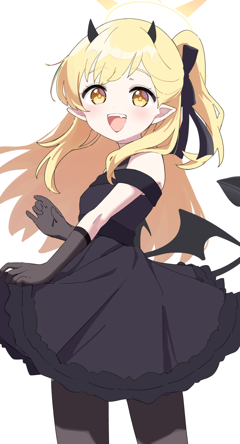 1girl :d black_dress black_gloves black_horns black_pantyhose black_tail blonde_hair blue_archive demon_horns demon_tail demon_wings dress evening_gown fang gloves halo highres horns ibuki_(blue_archive) ibuki_(dress)_(blue_archive) long_hair low_wings namaonpa official_alternate_costume open_mouth pantyhose pointy_ears side_ponytail simple_background sleeveless sleeveless_dress smile solo tail white_background wings yellow_eyes yellow_halo