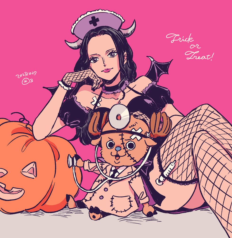 1boy 1girl antlers black_dress black_hair choker commentary_request dated detached_sleeves dress fishnet_thighhighs fishnets hand_on_another's_head hatch_(8cco) holding holding_stethoscope horns long_hair looking_at_viewer looking_to_the_side nico_robin one_piece pink_background pink_lips pumpkin reindeer_antlers simple_background stethoscope syringe thigh-highs tony_tony_chopper wings