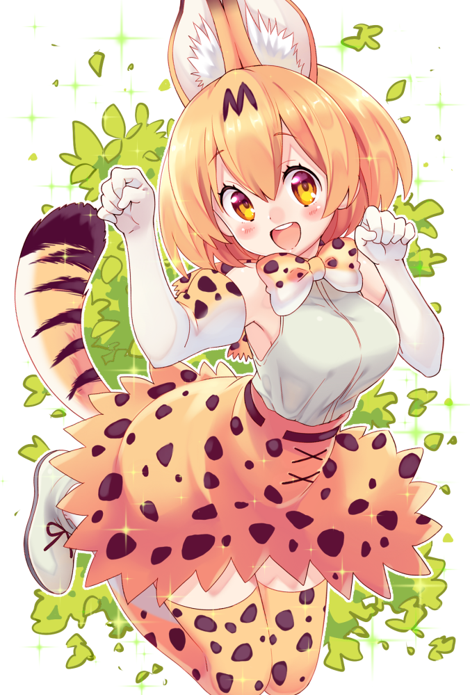 1girl :d animal_ear_fluff animal_ears arm_up blonde_hair blush_stickers bow bowtie breasts brown_bow brown_bowtie brown_eyes brown_skirt brown_thighhighs commentary_request elbow_gloves gloves hair_between_eyes hand_up kemono_friends kusumoto_shizuru looking_at_viewer medium_breasts paw_pose print_bow print_bowtie print_skirt print_thighhighs serval_(kemono_friends) shirt shoes simple_background skirt sleeveless sleeveless_shirt smile solo striped_tail tail thigh-highs white_background white_bow white_bowtie white_footwear white_gloves white_shirt