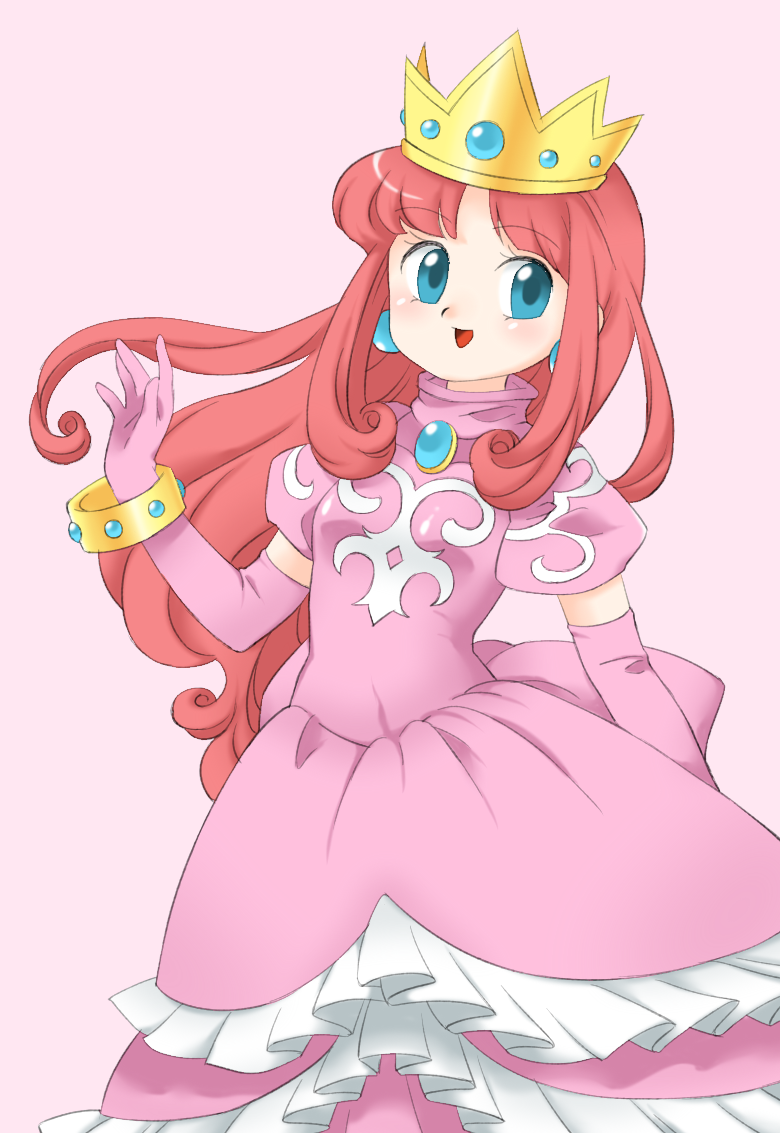 1girl :d blue_eyes bracelet breasts brooch crown dress elbow_gloves frilled_dress frills gloves hand_up jewelry long_hair nonamejd open_mouth parted_bangs pink_background pink_dress pink_gloves princess princess_shokora puffy_short_sleeves puffy_sleeves redhead short_sleeves simple_background small_breasts smile solo turtleneck wario_land wario_land_4 yellow_headwear