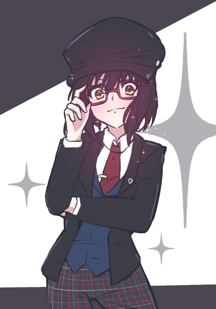 1other adjusting_eyewear androgynous black_hair black_jacket blush closed_mouth collared_shirt commentary cowboy_shot fate/grand_order fate_(series) giorgio_(yo_sumire_sola1) glasses jacket long_sleeves looking_at_viewer necktie open_clothes open_jacket red-framed_eyewear red_necktie shirt short_hair simple_background smile smug sparkle white_background white_shirt yamato_takeru_(fate) yamato_takeru_(second_ascension)_(fate)