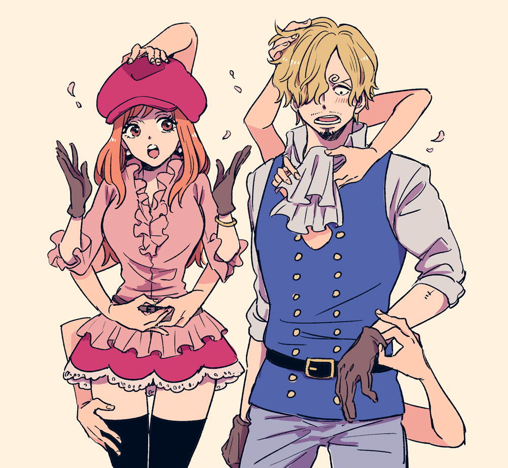 1boy 2girls ascot belt black_belt black_thighhighs blonde_hair blue_vest blush bracelet brown_gloves commentary_request cosplay cowboy_shot curly_eyebrows earrings extra_arms frilled_shirt frills gloves hat hatch_(8cco) jewelry koala_(one_piece) koala_(one_piece)_(cosplay) long_hair looking_down miniskirt multiple_girls nami_(one_piece) nico_robin one_piece orange_eyes orange_hair petals pink_shirt pink_skirt sabo_(one_piece) sabo_(one_piece)_(cosplay) sanji_(one_piece) shirt simple_background skirt thigh-highs vest white_ascot
