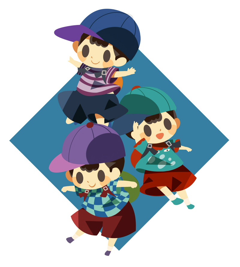 3boys alternate_color backpack bag baseball_cap black_hair blue_headwear blush_stickers checkered_clothes checkered_shirt clone green_bag hat hitofutarai male_focus mother_(game) mother_2 multiple_boys ness_(mother_2) open_mouth orange_bag outstretched_arms player_2 purple_headwear red_bag red_shorts shirt short_hair shorts sideways_hat solid_oval_eyes spread_arms striped_clothes striped_shirt super_smash_bros.