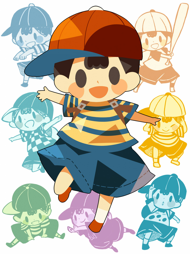 1boy alternate_color backpack bag baseball_bat baseball_cap black_hair blue_shorts blush_stickers checkered_clothes checkered_shirt doseisan full_body hat hitofutarai holding holding_baseball_bat jumping looking_at_viewer male_focus mother_(game) mother_2 multiple_views ness_(mother_2) one_eye_closed open_mouth outstretched_arms player_2 red_footwear red_headwear shirt short_hair shorts sideways_hat solid_oval_eyes solo spread_arms super_smash_bros.