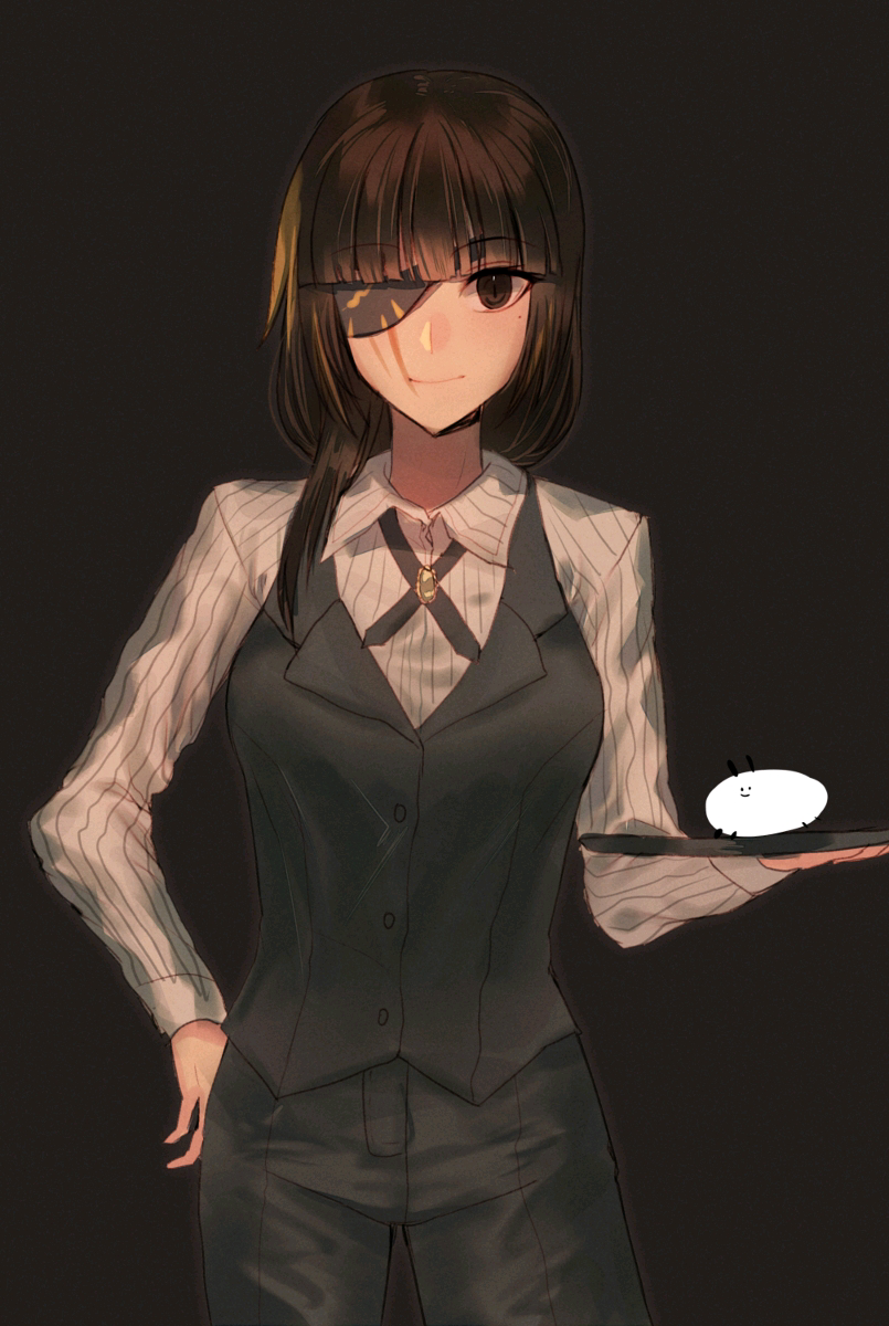 1girl black_background brown_eyes brown_hair closed_mouth eyepatch girls_frontline highres long_hair looking_at_viewer m16a1_(girls'_frontline) mole mole_under_eye scar shirt suit white_shirt xanax025