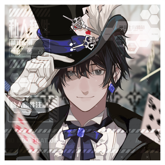 adjusting_clothes adjusting_headwear black_cloak bow card chinese_text cloak earrings gloves hat jewelry klein_moretti light_smile looking_at_viewer lord_of_the_mysteries shirt short_hair smile top_hat white_gloves white_shirt zastz
