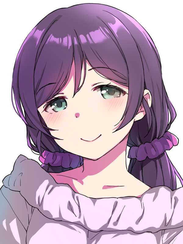 1girl blush collarbone commentary_request duke_(inu_daimyou) green_eyes hair_ornament hair_scrunchie long_hair looking_at_viewer love_live! love_live!_school_idol_project low_twintails purple_hair purple_scrunchie scrunchie smile solo toujou_nozomi twintails upper_body white_background