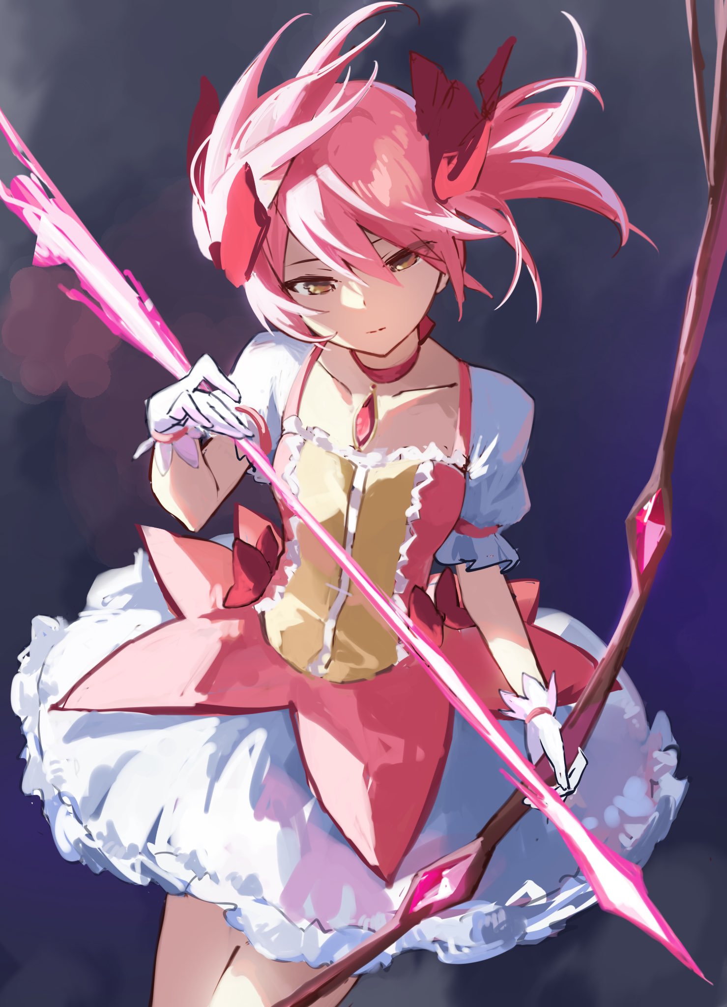 1girl arrow_(projectile) bow_(weapon) brown_eyes bubble_skirt center_frills choker closed_mouth cowboy_shot dark_background dress expressionless floating_hair frilled_dress frills gloves hair_between_eyes highres kaname_madoka looking_down magical_girl mahou_shoujo_madoka_magica mahou_shoujo_madoka_magica_(anime) pink_choker pink_dress pink_hair puffy_short_sleeves puffy_sleeves rakugaki_ningen short_sleeves short_twintails skirt solo soul_gem twintails weapon white_gloves