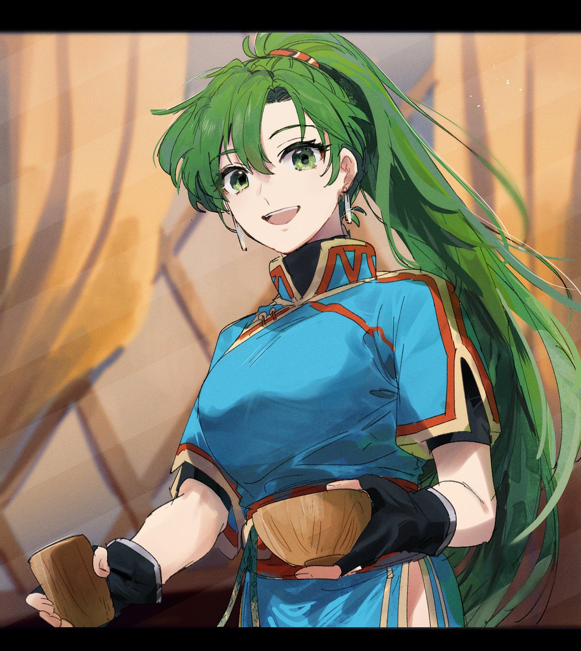 1girl black_gloves blue_dress china_dress chinese_clothes cup curtains dress earrings fingerless_gloves fire_emblem fire_emblem:_the_blazing_blade gloves green_eyes green_hair highres holding holding_cup indoors jewelry long_hair looking_at_viewer lyn_(fire_emblem) mogana_zo open_mouth ponytail short_sleeves smile solo teeth upper_teeth_only very_long_hair