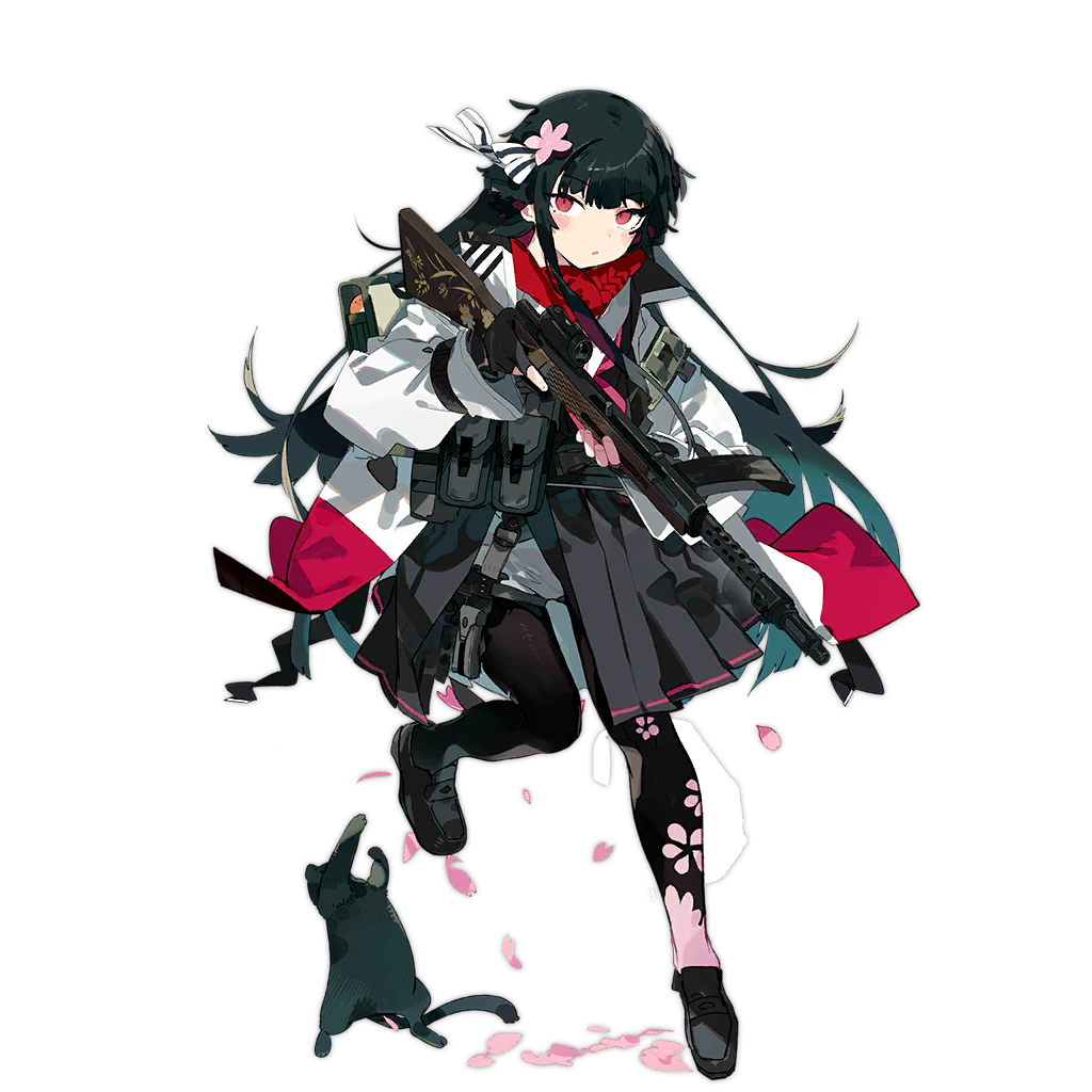 1girl :o black_cat black_footwear black_gloves black_hair black_pantyhose black_skirt cat cherry_blossom_print cherry_blossoms coat fingerless_gloves floral_print flower full_body girls_frontline gloves green_bag gun hair_flower hair_ornament hair_ribbon high-waist_skirt holding holding_gun holding_weapon karei loafers long_sleeves looking_at_viewer neckerchief official_alternate_costume official_art pantyhose parted_lips pink_neckerchief pleated_skirt pouch red_eyes red_scarf ribbon scarf shoes simple_background skirt snap-fit_buckle solo standing standing_on_one_leg striped_ribbon submachine_gun third-party_source transparent_background trigger_discipline type_100 type_100_(girls'_frontline) type_100_(mod3)_(girls'_frontline) weapon white_coat white_ribbon