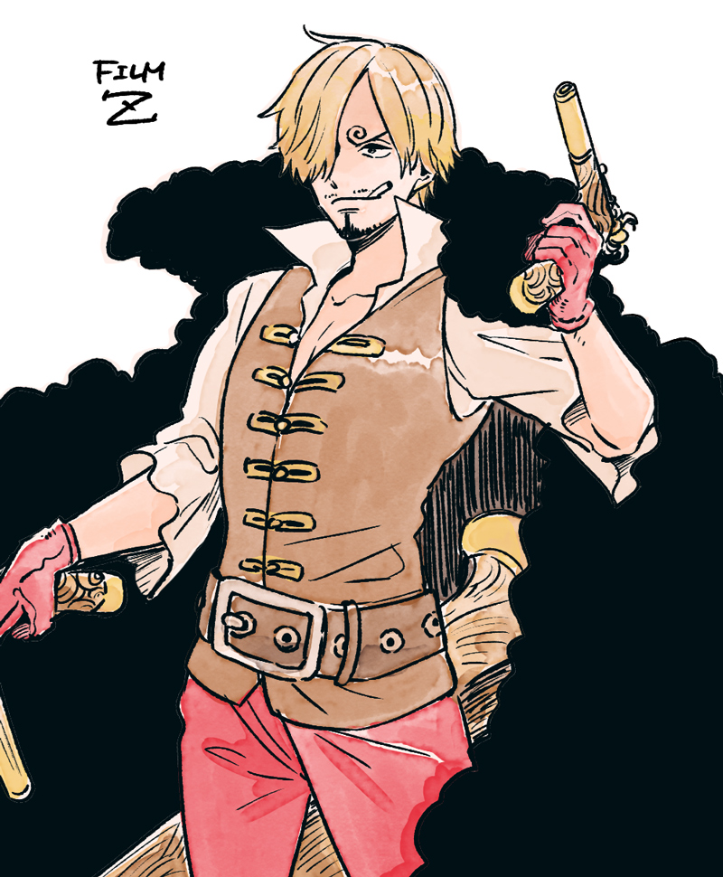 1boy beard belt black_coat blonde_hair cigarette coat collared_shirt commentary_request cowboy_shot curly_eyebrows facial_hair gloves gun hatch_(8cco) holding holding_gun holding_weapon looking_to_the_side one_piece one_piece_film:_z pants red_gloves red_pants sanji_(one_piece) shirt short_hair simple_background waistcoat weapon white_background white_shirt