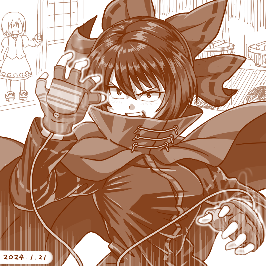2girls bow cloak commentary_request dated fingerless_gloves geta gloves greyscale hair_bow indoors long_sleeves looking_at_viewer monochrome multiple_girls nokimenayu parted_lips sekibanki short_hair sketch skirt solo_focus tatara_kogasa touhou variant_set