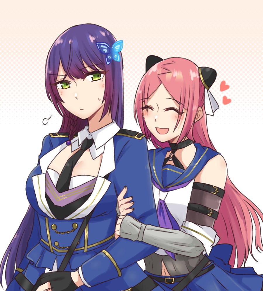 2girls :d ^_^ arm_at_side arm_belt arm_hug assault_lily bare_shoulders belt belt_buckle black_belt black_choker black_gloves black_necktie blue_jacket blue_sailor_collar blue_skirt blush braid breasts buckle butterfly_hair_ornament choker closed_eyes closed_mouth collared_shirt commentary_request cowboy_shot detached_sleeves epaulettes frown funada_kiito gloves grey_shirt hair_ornament hairpods half_gloves halftone halftone_background hands_up heart jacket large_breasts long_hair long_sleeves looking_at_another looking_to_the_side multiple_girls navel neckerchief necktie nigari_(ngari_0115) o-ring o-ring_choker odaiba_girls_high_school_uniform open_mouth orange_background parted_bangs partially_fingerless_gloves pleated_skirt puff_of_air purple_hair purple_neckerchief redhead sailor_collar school_uniform serafuku shiba_tomoshibi shirt side-by-side side_braid sideways_glance single_braid skirt sleeveless sleeveless_shirt sleeves_past_wrists smile standing sweatdrop undershirt v-shaped_eyebrows very_long_hair white_background white_shirt yuri