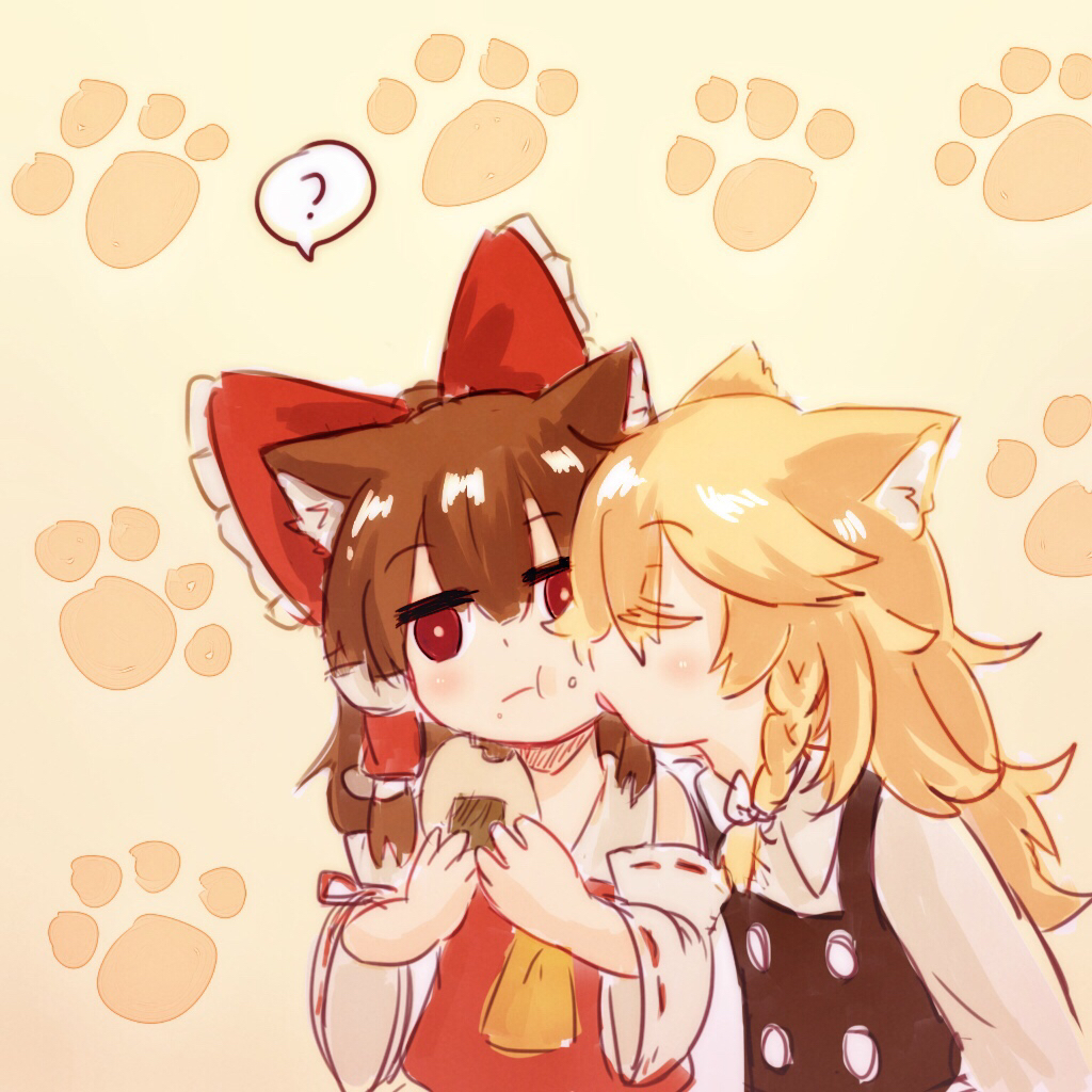 2girls ? animal_ear_fluff animal_ears ascot black_vest blonde_hair bow braid brown_hair cat_ears closed_eyes closed_mouth commentary detached_sleeves food food_on_face frilled_bow frilled_hair_tubes frills hair_bow hair_tubes hakurei_reimu holding holding_food kirisame_marisa licking licking_another's_face light_blush long_hair long_sleeves multiple_girls niangao_(8490593) no_headwear paw_print paw_print_background red_bow red_eyes ribbon-trimmed_sleeves ribbon_trim senbei side_braid single_braid symbol-only_commentary touhou vest yellow_ascot yuri