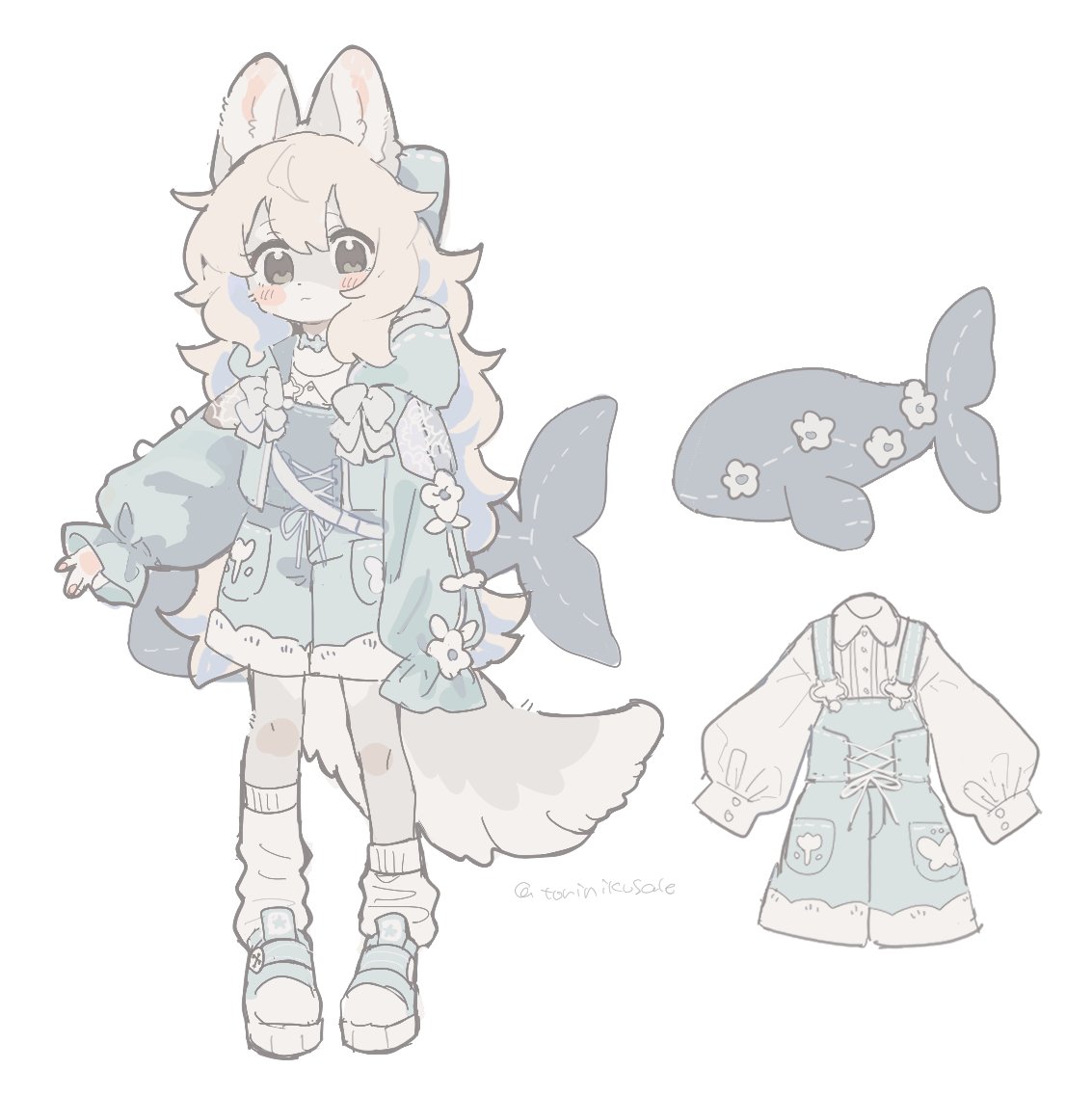 1girl animal_bag animal_ears arm_at_side asymmetrical_legwear backpack bag black_eyes blue_jacket blue_overalls blush_stickers bow collared_shirt cross-laced_clothes dog_ears dog_girl dog_tail expressionless full_body furry furry_female gomafuto hair_bow hood hood_down hooded_jacket jacket leg_warmers long_hair looking_at_viewer open_clothes open_jacket original overalls puffy_sleeves sandals shirt signature simple_background sleeves_past_fingers sleeves_past_wrists solo standing tail twitter_username uneven_legwear wavy_hair white_background white_hair white_shirt