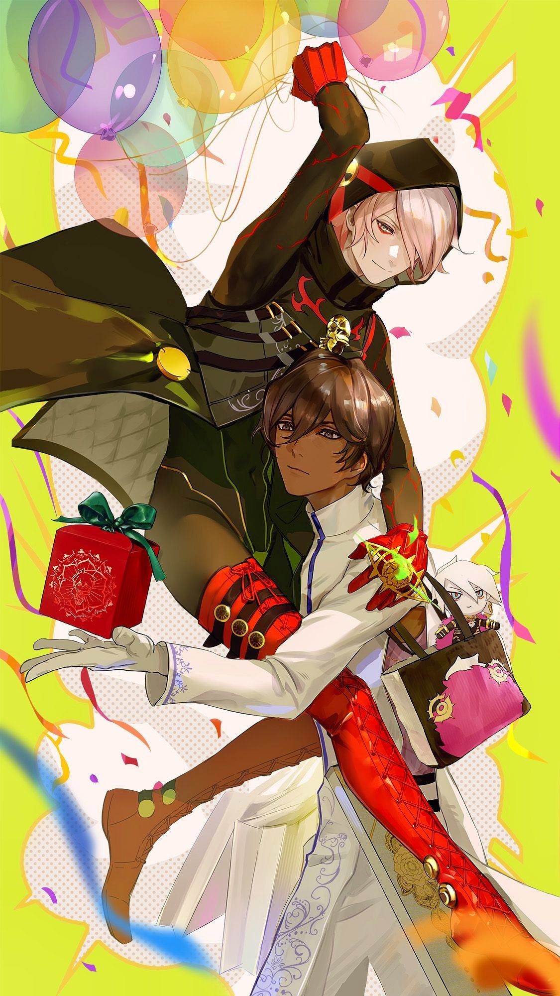 2boys arjuna_(fate) bag balloon black_eyes black_hair blue_eyes boots brothers character_doll christmas_present commentary confetti dark-skinned_male dark_skin expressionless fate/grand_order fate_(series) gift gloves hair_between_eyes highres holding holding_bag hood hooded_coat indian_clothes karna_(fate) karna_(santa)_(fate) light_smile male_focus multiple_boys pale_skin red_gloves short_hair siblings sidelocks symbol-only_commentary thigh_boots tokaoioi1 white_gloves white_hair yellow_background