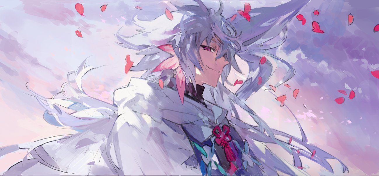 1boy black_shirt closed_mouth clouds falling_petals fate/grand_order fate_(series) flower_knot hair_between_eyes hair_ornament hood hood_down hooded_robe long_hair looking_at_viewer male_focus merlin_(fate) petals pink_eyes pink_sky profile robe shirt sidelocks sideways_glance sky smile solo starshadowmagician tassel tower turtleneck upper_body white_hair white_robe