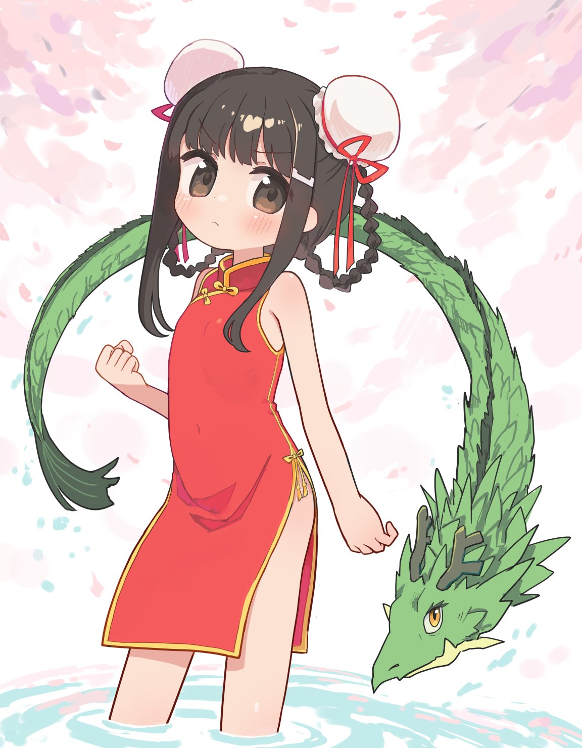 1girl animal bare_arms bare_shoulders black_hair blush braid breasts brown_eyes bun_cover china_dress chinese_clothes clenched_hand closed_mouth commentary_request covered_navel double_bun dragon dress hair_bun hair_rings highres kibisake long_hair looking_at_viewer original red_dress sidelocks sleeveless sleeveless_dress small_breasts solo standing twin_braids v-shaped_eyebrows wading water