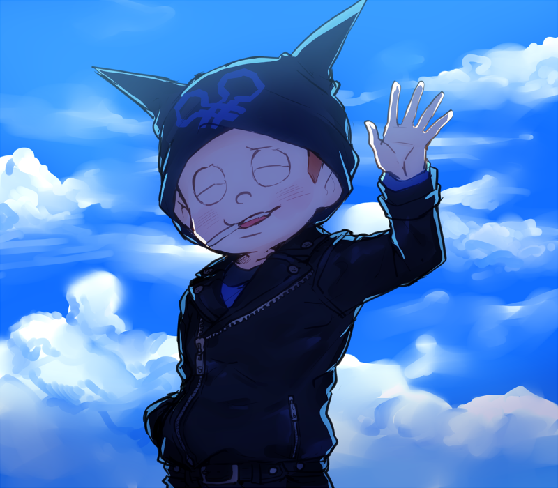 1boy animal_ear_headwear animal_ears beanie belt belt_buckle black_belt black_headwear black_jacket black_shirt black_sleeves blue_shirt blue_sky brown_hair buckle cat_ears cigarette closed_eyes clouds collared_jacket commentary_request danganronpa_(series) danganronpa_v3:_killing_harmony day fake_animal_ears hand_in_pocket hand_up hat holding holding_cigarette hoshi_ryoma jacket kogarashi_8 layered_sleeves leather leather_jacket light_blush long_sleeves male_focus mouth_hold open_mouth outdoors partial_commentary prison_clothes shirt short_hair sky smile solo striped_clothes striped_shirt studded_belt teeth two-tone_shirt upper_body upper_teeth_only very_short_hair waving zipper zipper_pull_tab