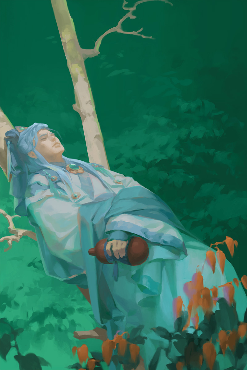 1boy blue_gemstone blue_hair blue_kimono branch chinese_commentary closed_eyes closed_mouth facing_up gem golden_light_puppet_show gourd highres holding_gourd japanese_clothes jewelry jinguang_budaixi kimono leaf long_hair long_sleeves lying lying_on_branch male_focus mou-s on_back outdoors pendant plant qiluosheng sidelocks solo water wide_sleeves