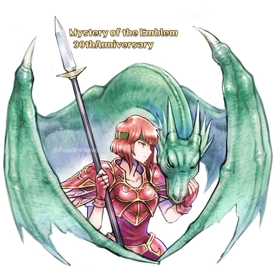 1girl anniversary armor breastplate closed_mouth collarbone dragon facing_to_the_side fingerless_gloves fire_emblem fire_emblem:_mystery_of_the_emblem gloves green_headband headband holding holding_polearm holding_weapon izapara looking_at_another minerva_(fire_emblem) polearm red_eyes red_gloves redhead short_hair shoulder_armor smile spear twitter_username weapon white_background wings wyvern