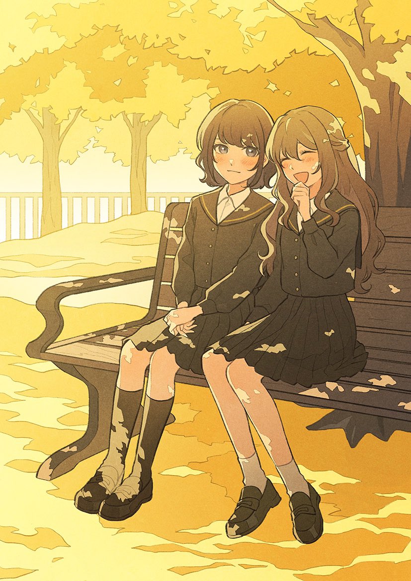 2girls :d ^_^ ankle_socks bench black_footwear black_sailor_collar black_serafuku black_shirt black_skirt black_socks blouse blush brown_hair buttons closed_eyes closed_mouth collared_shirt commentary_request dappled_sunlight day full_body hand_on_own_chin hand_to_own_mouth happy kneehighs laughing long_hair long_sleeves looking_at_another multiple_girls nahara_saki on_bench open_mouth original outdoors park park_bench plant pleated_skirt sailor_collar school_uniform serafuku shirt shoes short_hair sitting skirt skirt_set smile socks sunlight tree under_tree v_arms violet_eyes white_shirt white_socks yellow_theme