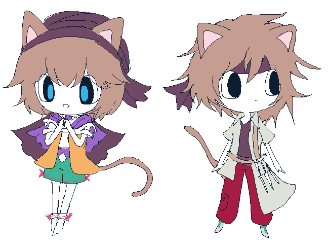 2others androgynous animal_ears asymmetrical_clothes asymmetrical_coat atoymk belt black_cape black_eyes black_headband black_headwear black_shirt blue_eyes brown_belt brown_hair cape cargo_pants cat_ears cat_other cat_tail chibi cine_hamal closed_mouth coat collared_coat dagger green_coat green_shorts grey_footwear headband knife kurohebi kuzu_suzumi len'en medium_hair microsoft_paint_(medium) multiple_others no_nose no_shoes open_clothes open_coat open_mouth open_vest orange_vest other_focus own_hands_together pants pink_ribbon purple_shawl red_pants ribbon ribbon-trimmed_shorts ribbon-trimmed_socks ribbon_trim shawl shirt short_hair short_sleeves shorts simple_background sketch smile socks strapless strapless_shirt tail turban vest weapon white_background white_shirt white_socks