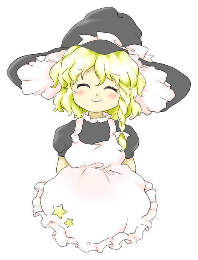 1girl ^_^ apron arms_behind_back black_headwear blonde_hair blush bow braid closed_eyes closed_mouth hat hat_bow kirisame_marisa long_hair nonamejd official_style puffy_short_sleeves puffy_sleeves short_sleeves side_braid simple_background smile solo star_(symbol) straight-on touhou white_apron white_background white_bow witch_hat zun_(style)