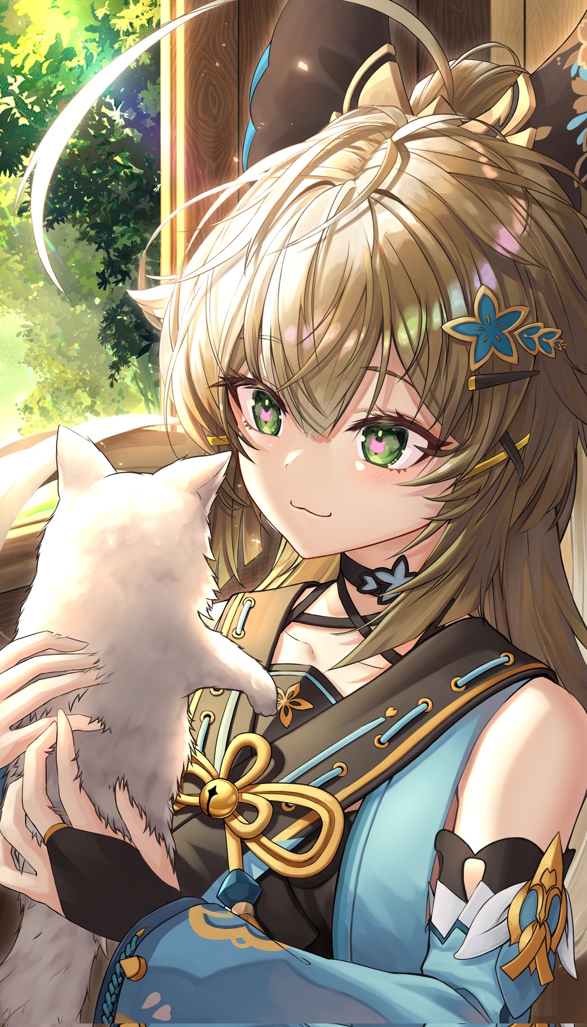 1girl :3 agenoumi ahoge animal bare_shoulders bell blonde_hair cat cat_girl coat day detached_sleeves genshin_impact green_eyes hair_ornament hairclip hands_up highres holding holding_animal holding_cat huge_ahoge jingle_bell kirara_(genshin_impact) long_hair looking_at_animal sleeveless sleeveless_coat smile solo sunlight tree upper_body white_cat window