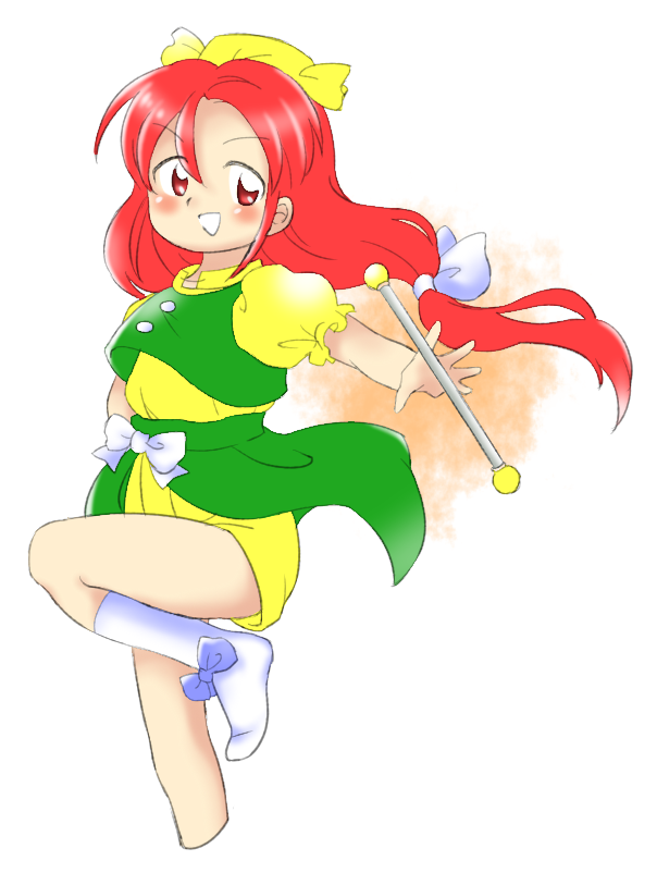 1girl :d baton blue_bow bow bow_legwear green_vest hair_ribbon hat leg_up long_hair low-tied_long_hair nonamejd official_style orange_(touhou) puffy_short_sleeves puffy_sleeves red_eyes redhead ribbon shirt short_sleeves shorts smile socks solo touhou touhou_(pc-98) vest white_ribbon white_socks yellow_headwear yellow_shirt yellow_shorts zun_(style)
