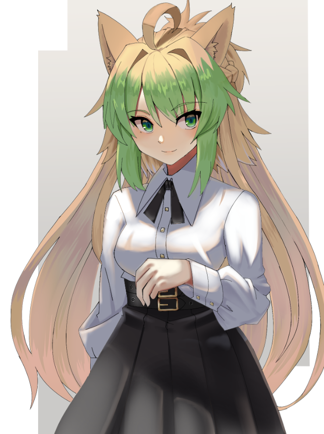 1girl ahoge alternate_costume animal_ears atalanta_(fate) belt black_belt black_ribbon black_skirt blonde_hair blush breasts closed_mouth collared_shirt commentary fate/apocrypha fate_(series) gradient_hair green_eyes green_hair long_sleeves looking_at_viewer multicolored_hair multiple_belts nahu neck_ribbon ribbon shirt shirt_tucked_in sidelocks simple_background skirt small_breasts smile solo upper_body