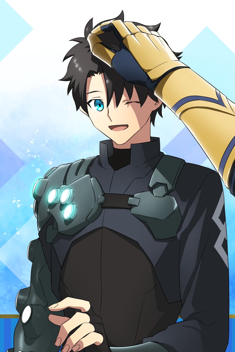 2boys armor black_armor black_hair blue_eyes fate/grand_order fate_(series) fingerless_gloves fujimaru_ritsuka_(male) fujimaru_ritsuka_(male)_(seven_heaven_mystic_code) gauntlets gilgamesh_(fate) gloves glowing gold_armor hair_between_eyes hand_on_another's_head happy headpat highres long_sleeves male_focus multiple_boys official_alternate_costume one_eye_closed open_mouth out_of_frame shoulder_armor upper_body urup_zzz