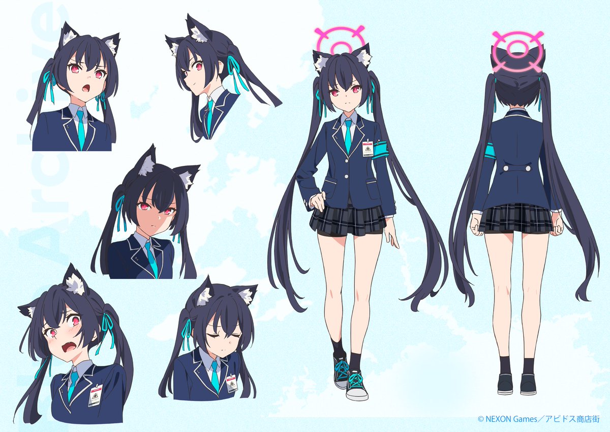 1girl animal_ears armband black_footwear black_hair black_skirt blazer blue_archive blue_armband blue_jacket blue_necktie blush cat_ears cat_girl closed_mouth commentary_request company_name hair_between_eyes halo hand_on_own_hip jacket long_hair long_sleeves looking_at_viewer multicolored_footwear multiple_views necktie official_art open_mouth pink_halo plaid plaid_skirt pleated_skirt red_eyes reference_sheet serika_(blue_archive) shirt simple_background skirt solo standing twintails very_long_hair white_background white_shirt