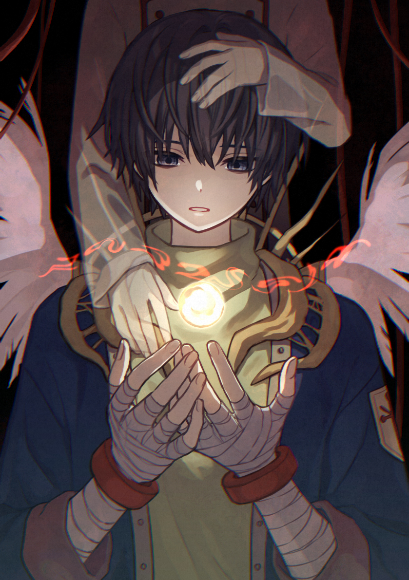 2boys archangel_(baroque) bandaged_hand bandages baroque_(series) bishounen black_hair blue_coat coat dark_background glowing gold_trim grey_eyes hand_on_another's_head hand_on_another's_shoulder hands_up head_out_of_frame long_sleeves looking_down magic male_focus multiple_boys niwoto_ki orb parted_lips protagonist_(baroque) robe short_hair sweater tendril turtleneck upper_body white_robe white_wings wings yellow_sweater