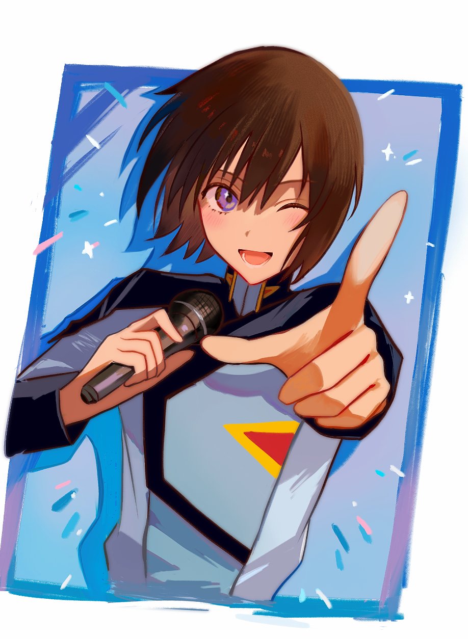 1boy brown_hair gundam gundam_seed gundam_seed_freedom highres holding holding_microphone idol kira_yamato microphone military military_uniform one_eye_closed open_mouth pointing pointing_at_viewer short_hair smile solo solo_focus uniform violet_eyes witchhisui